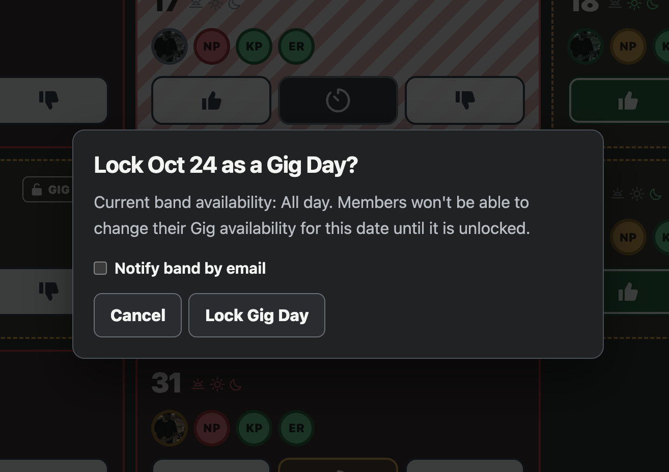 GigDaze Gig Day confirmation dialog