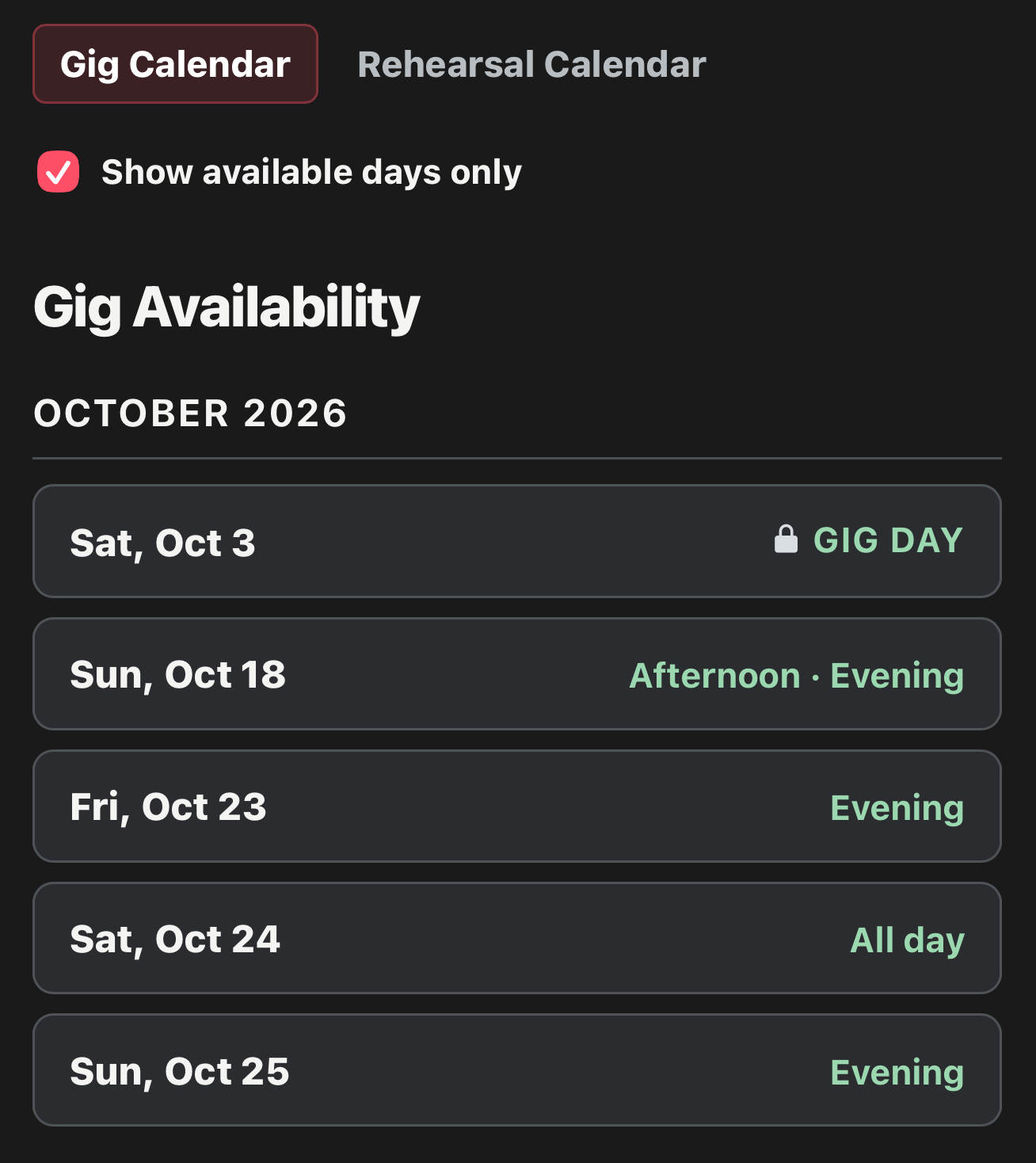 Gig availability filtered to dates the band can make