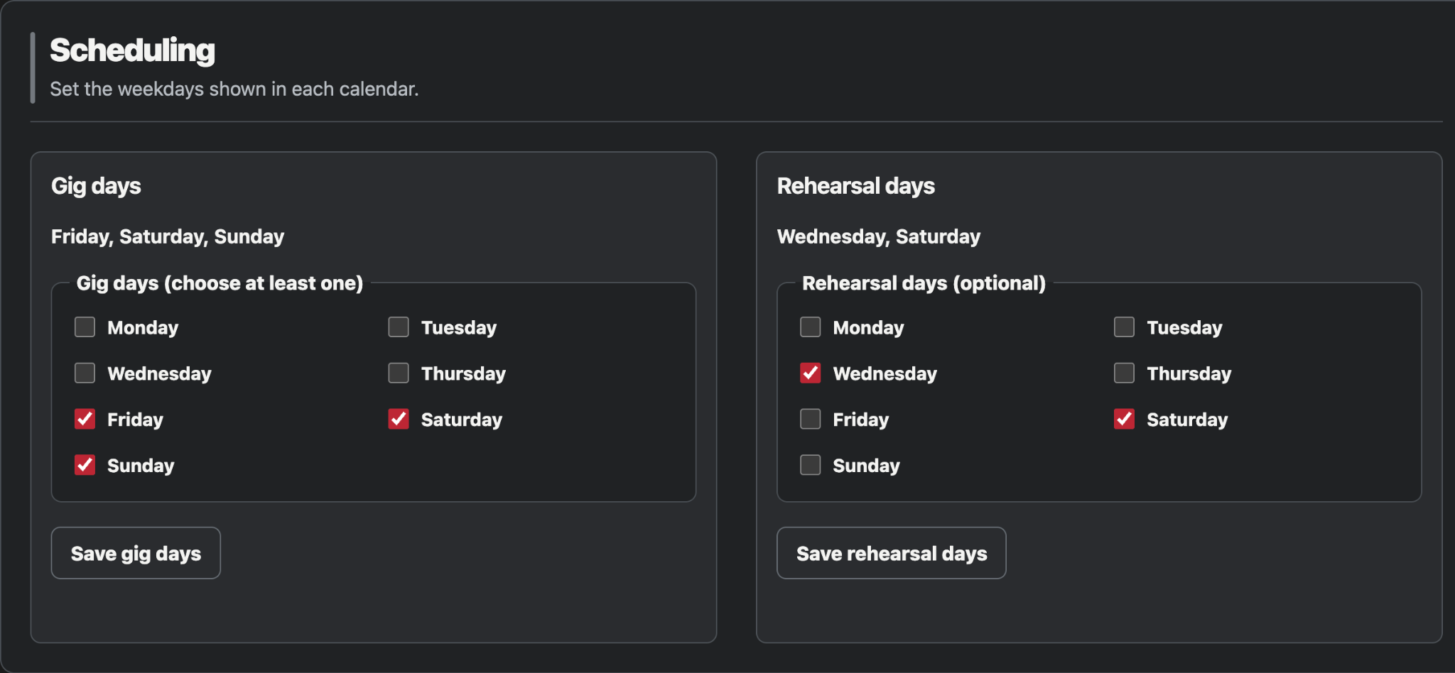 GigDaze scheduling settings for gig and rehearsal weekdays